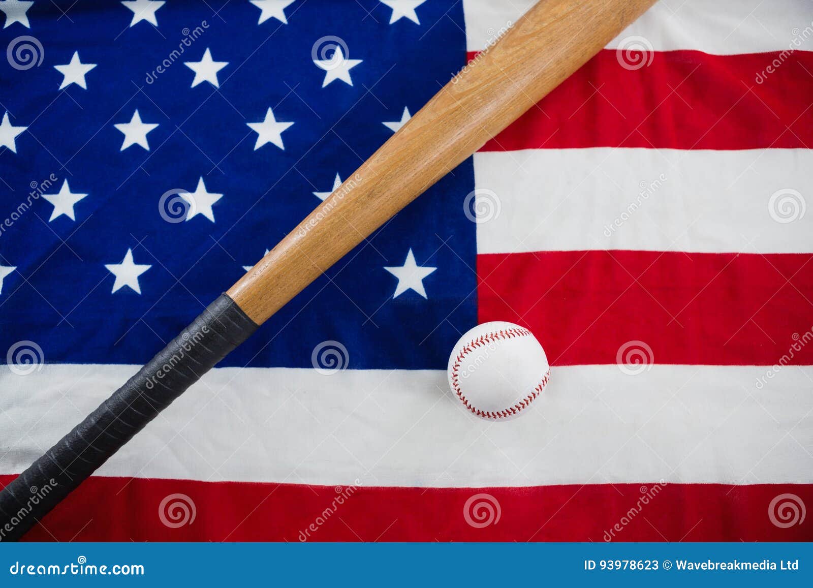 Baseball and Baseball Bat on an American Flag Stock Image Image of