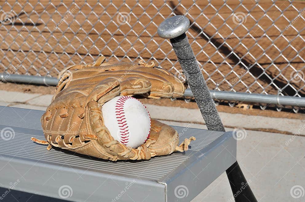 Baseball, Bat, and Glove stock image. Image of bench 14208449