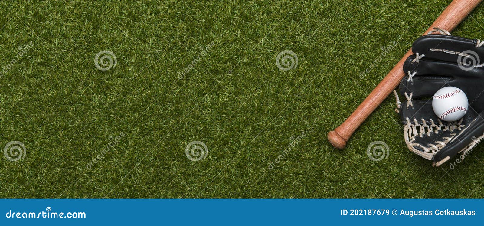 baseball bat, glove and ball on green grass field.  sport theme background with copy space for text and advertisment