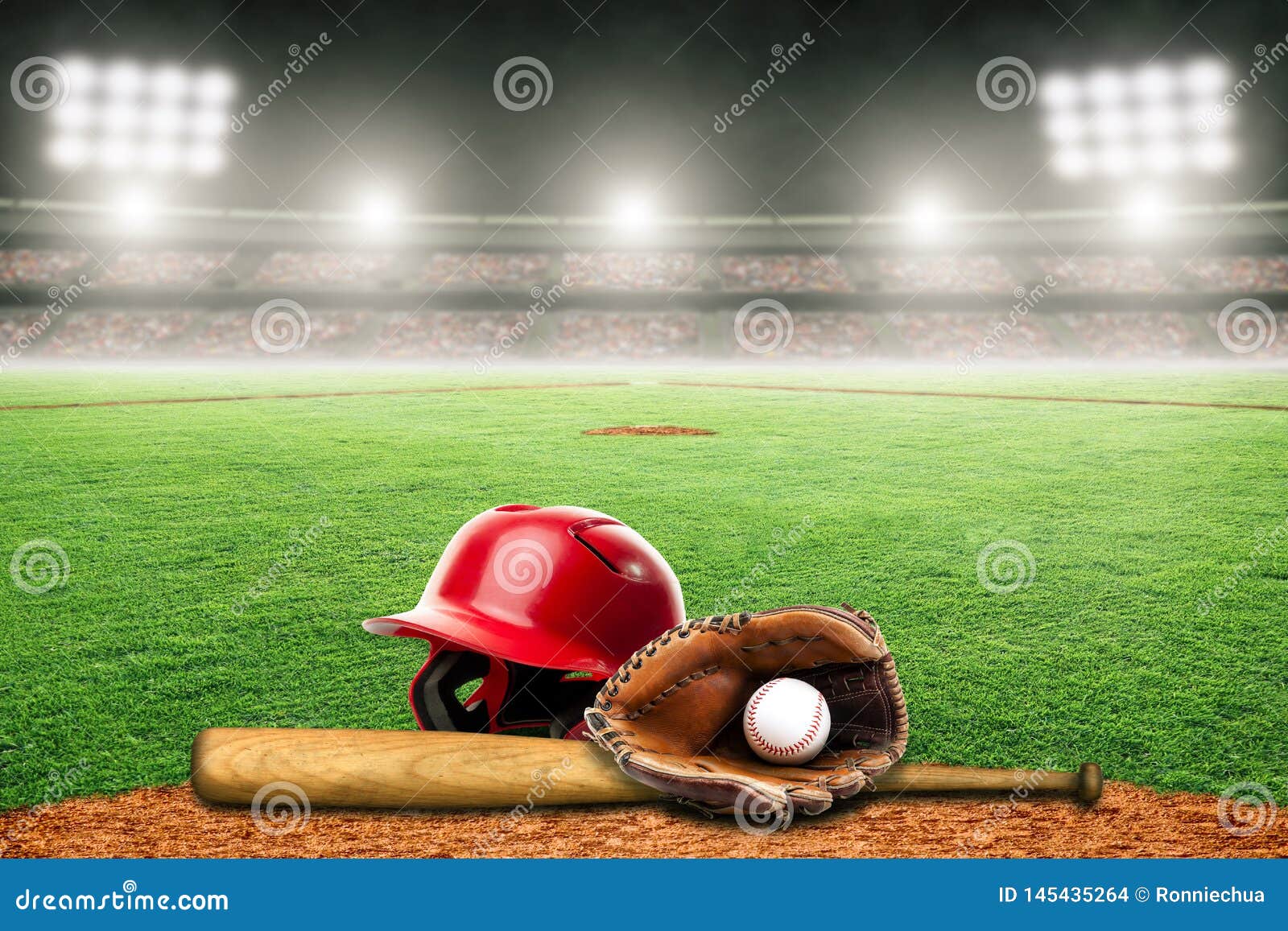 baseball bat, helmet, glove and ball on field in outdoor stadium with copy space