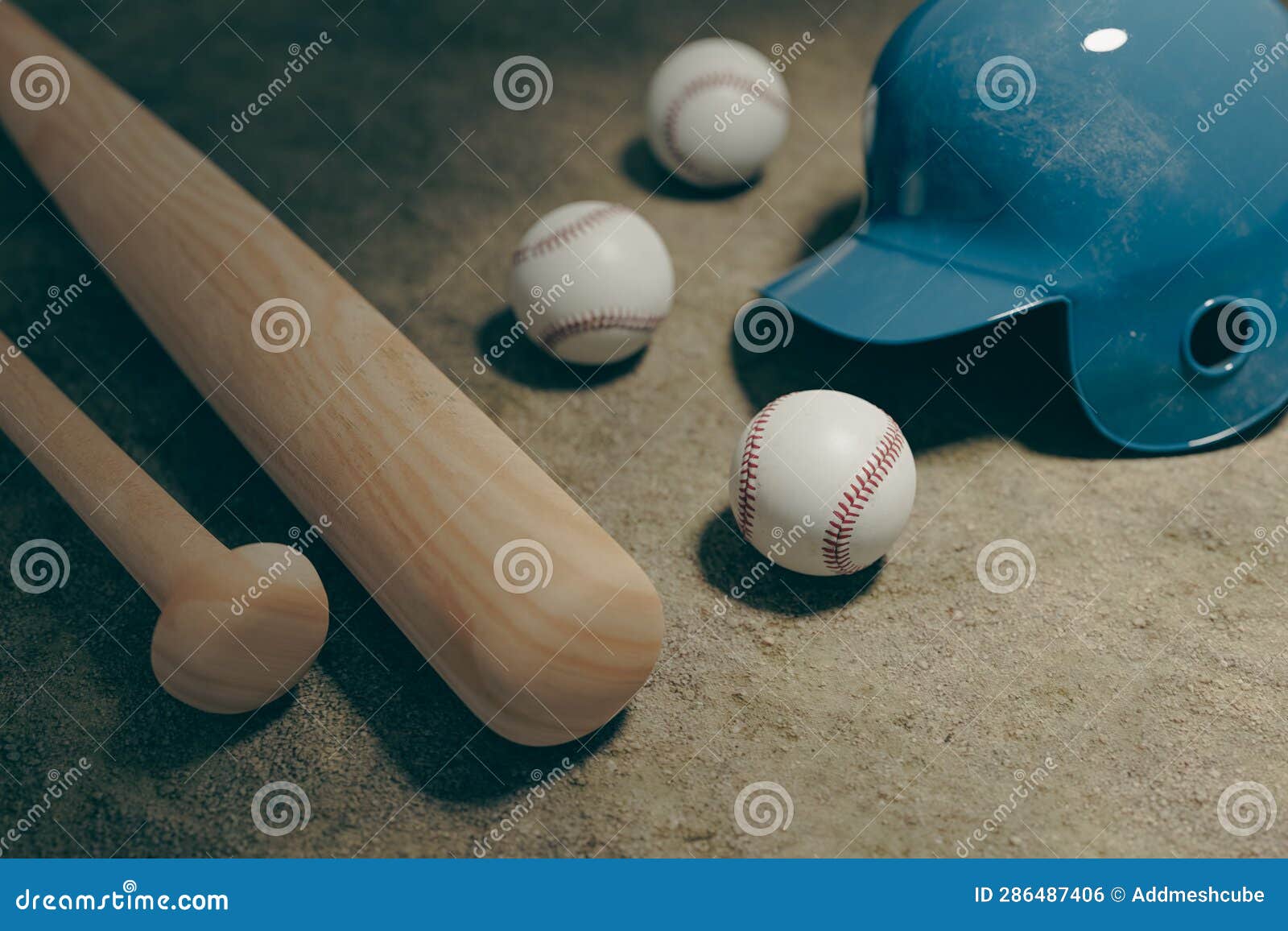 Baseball Bats, Balls and Helmets on the Ground, 3d Rendering Stock
