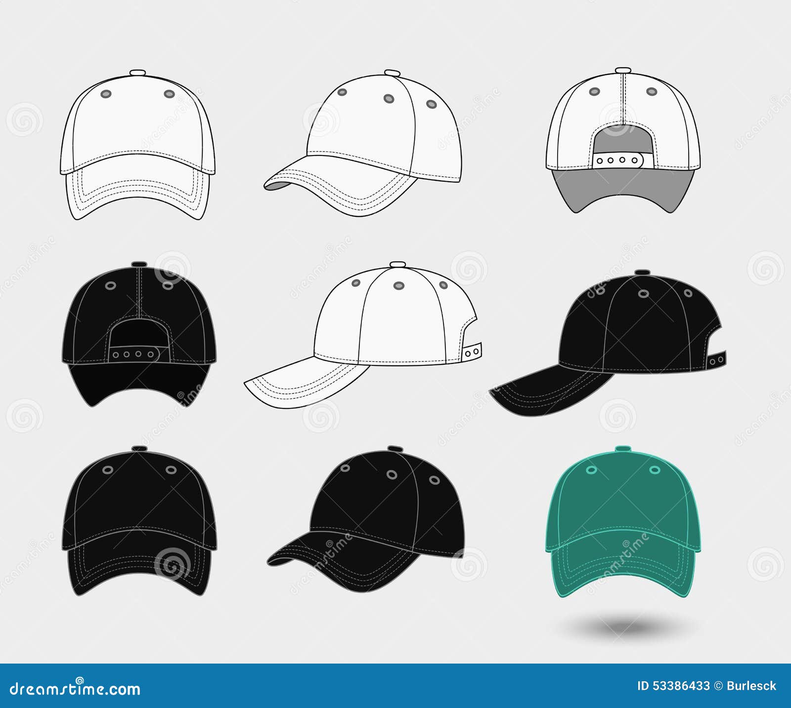 baseball cap. back, front and side view