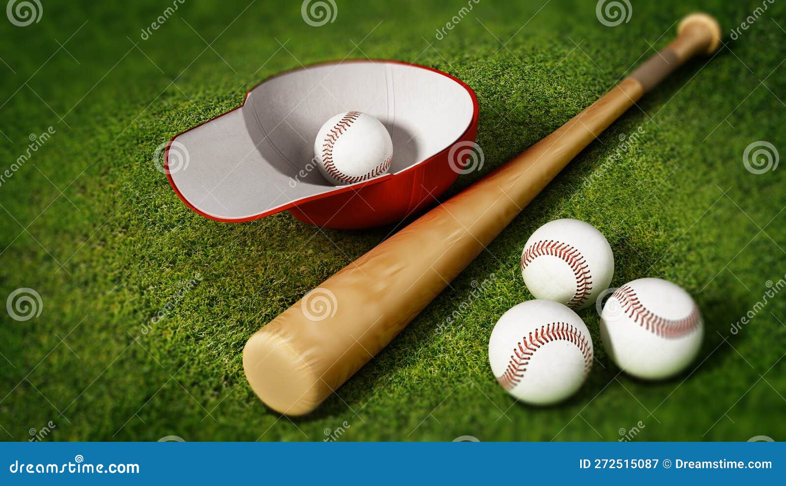 Baseball Cap, Ball and Bat Standing on Grass Field. 3D Illustration
