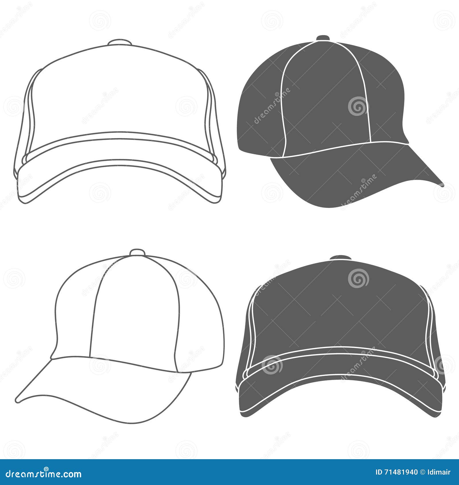 Baseball Cap Outline Silhouette Template Isolated on White. Vector Stock Vector Illustration
