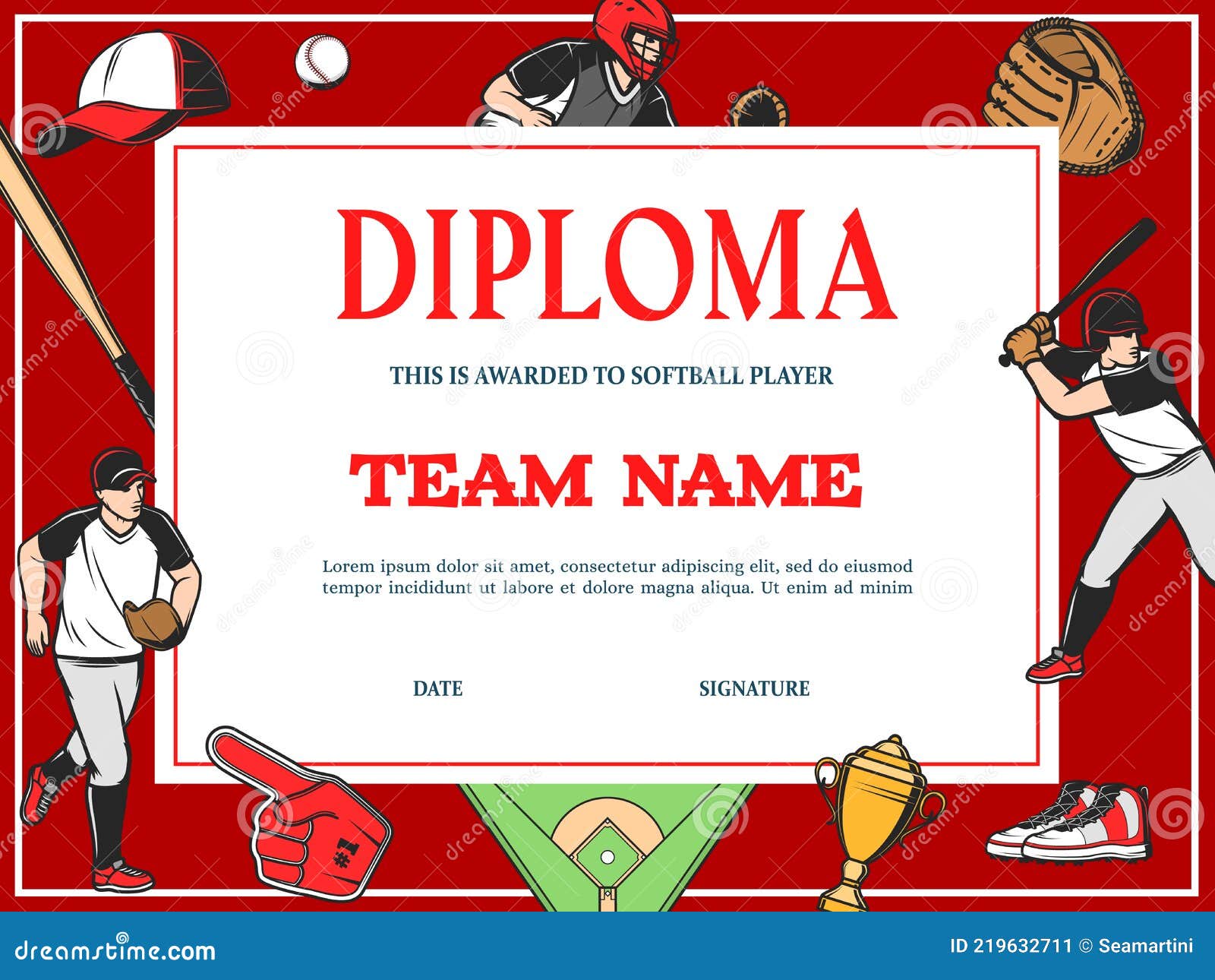 Baseball Diploma, Sport Team Award Certificate Stock Vector For Softball Award Certificate Template