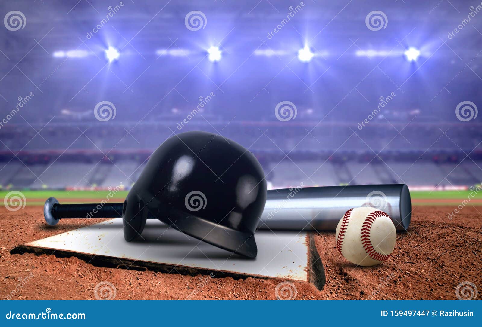Baseball Equipment in a Stadium Under Spotlights Stock Image Image of