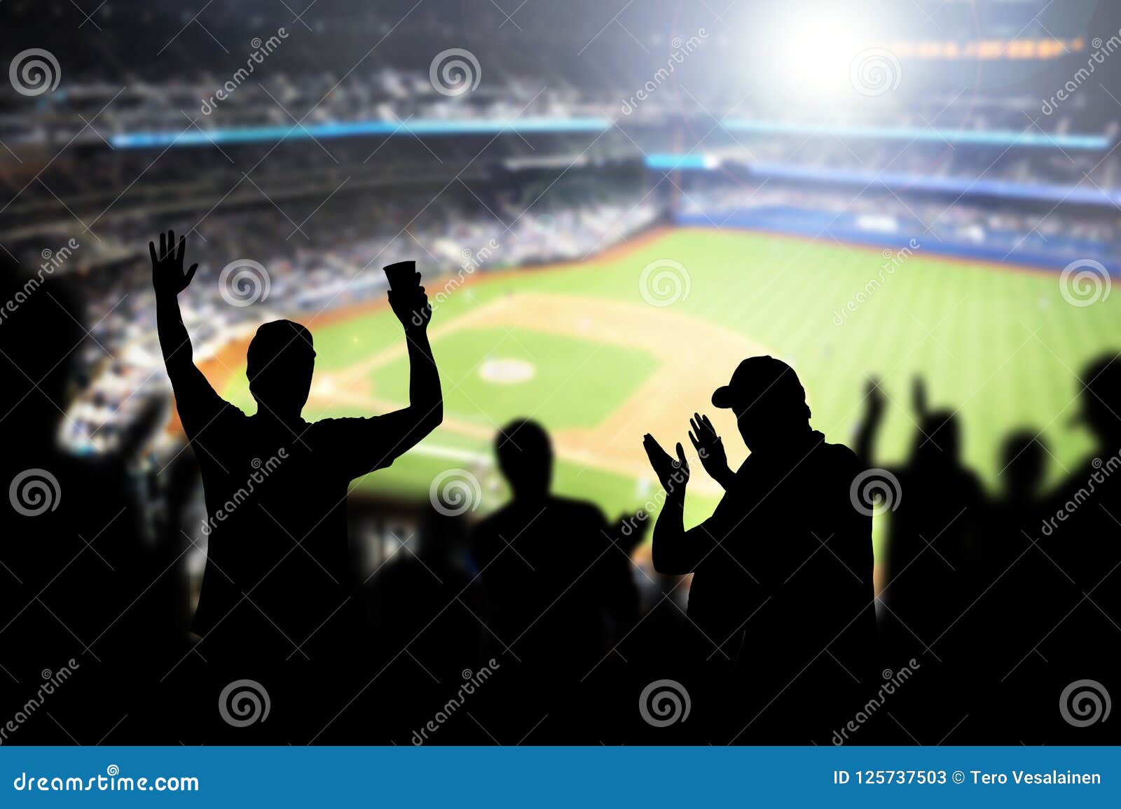 baseball fans and crowd cheering in stadium.