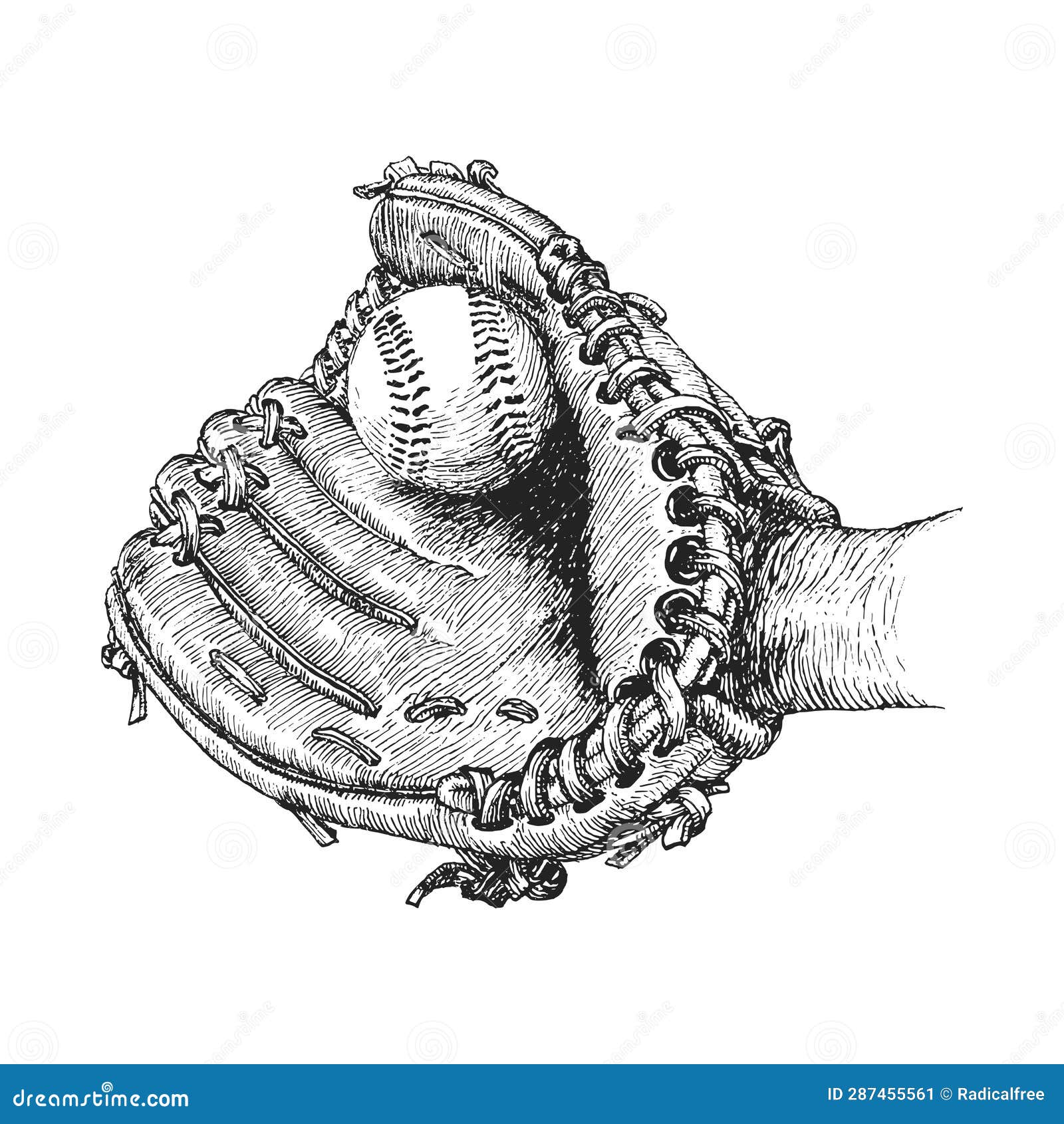 Baseball Glove and Ball, Vector Hand Drawn Sketch Stock Illustration