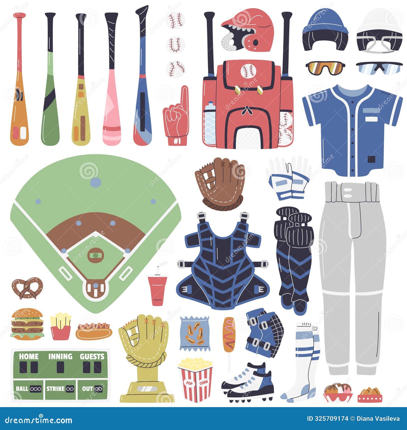 baseball inventory, uniform and fast food flat set