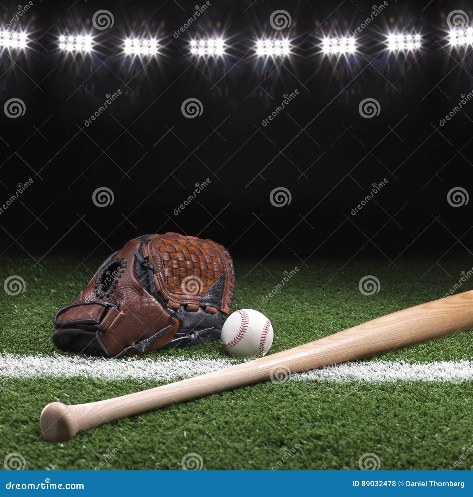 Baseball Mitt Ball and Bat at Night Under Stadium Lights Stock Photo Image of field, ball
