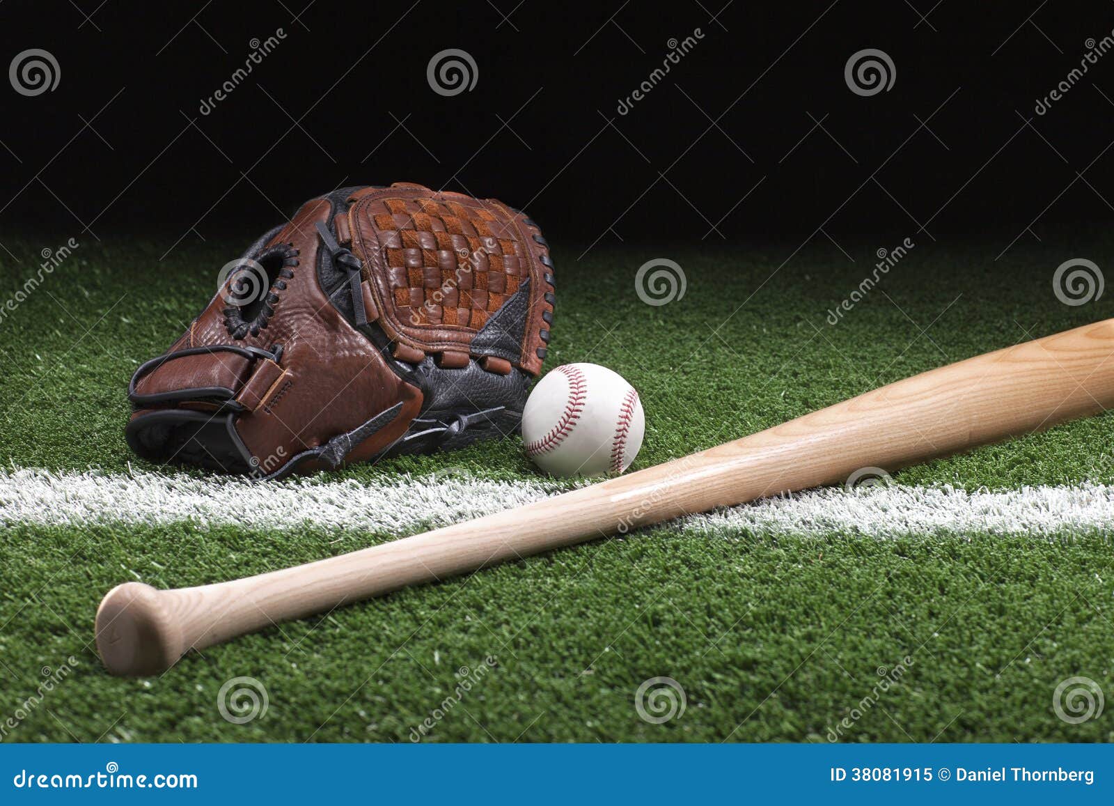 Baseball with Mitt and Bat on Green Grass at Night Stock Image Image