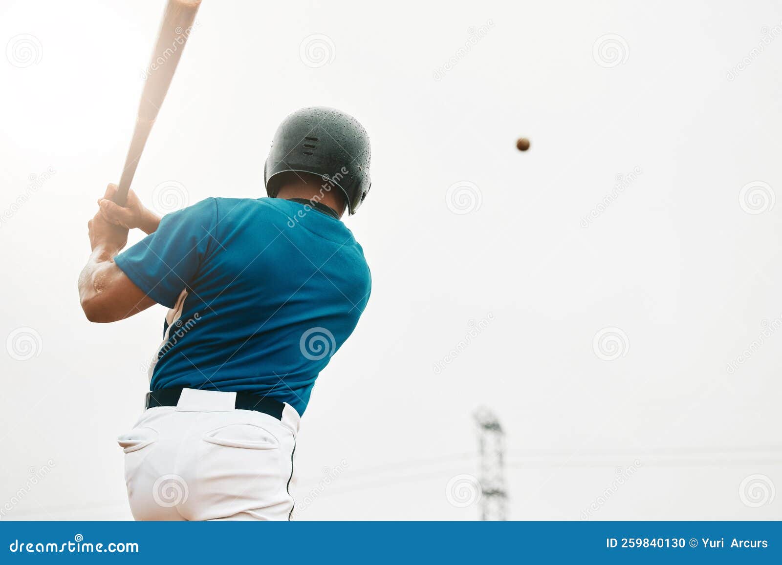 baseball player, bat and homerun with sky and baseball for sports, game or contest outdoor in summer. man, sport and hit