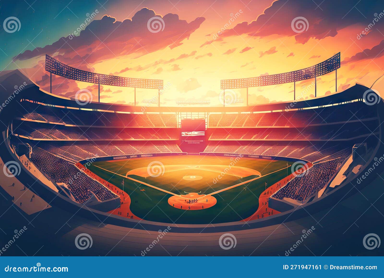 Baseball Player with Bat Stands in Front of Lit Stadium, Rear View