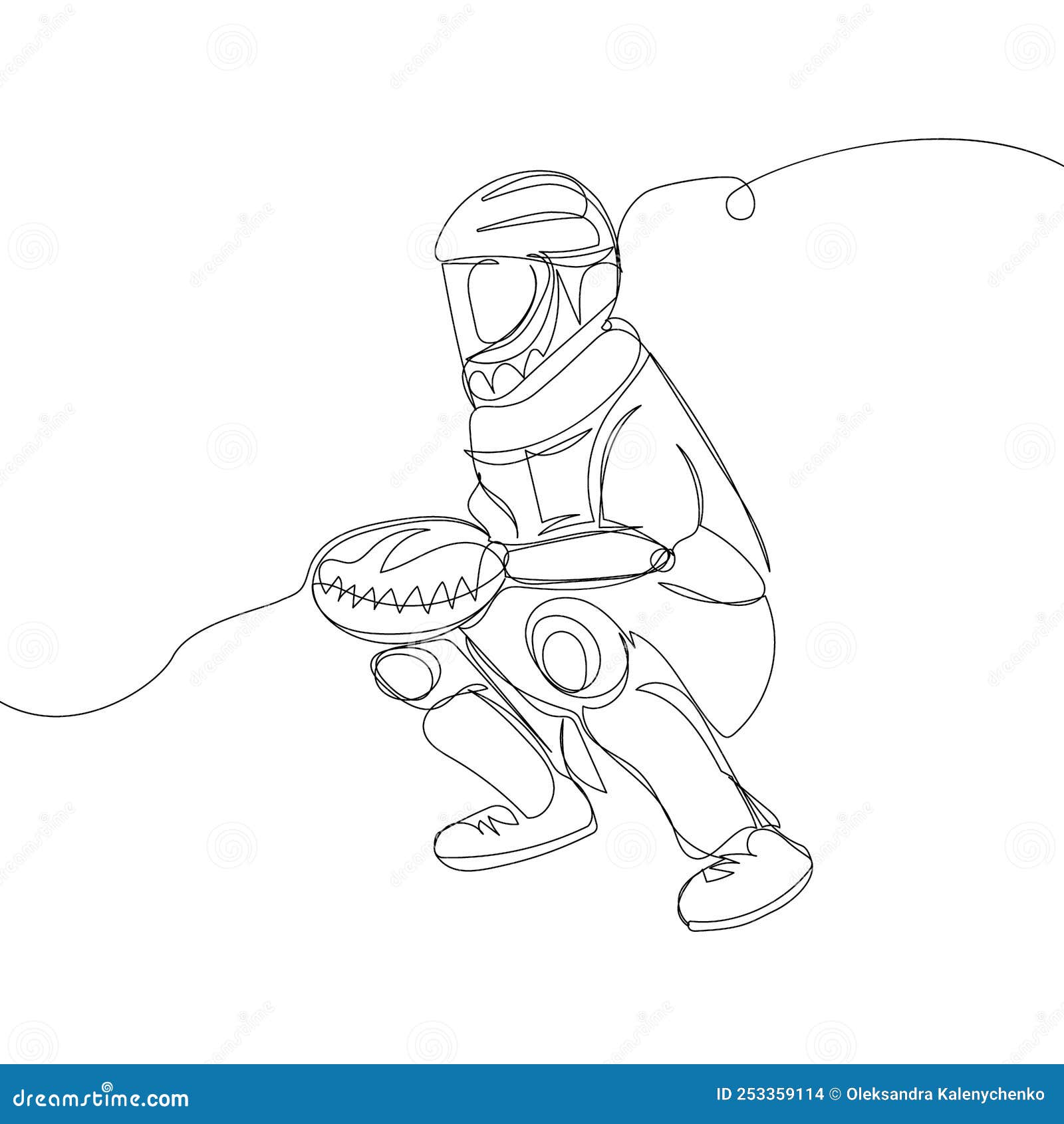 Continuous line drawing. Illustration shows a baseball player