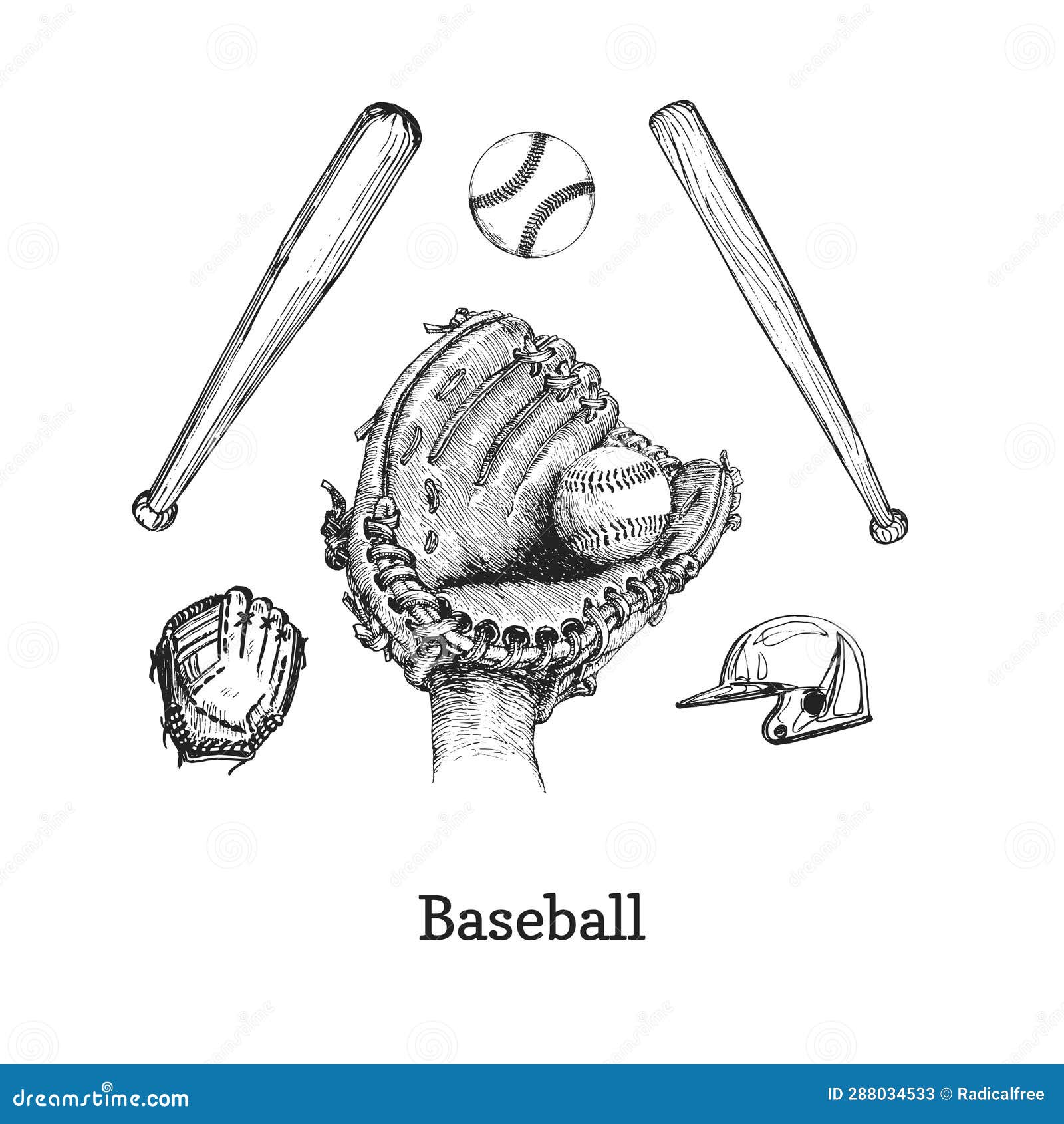 Baseball Set, Hand Drawn Sketches in Vector Stock Vector Illustration