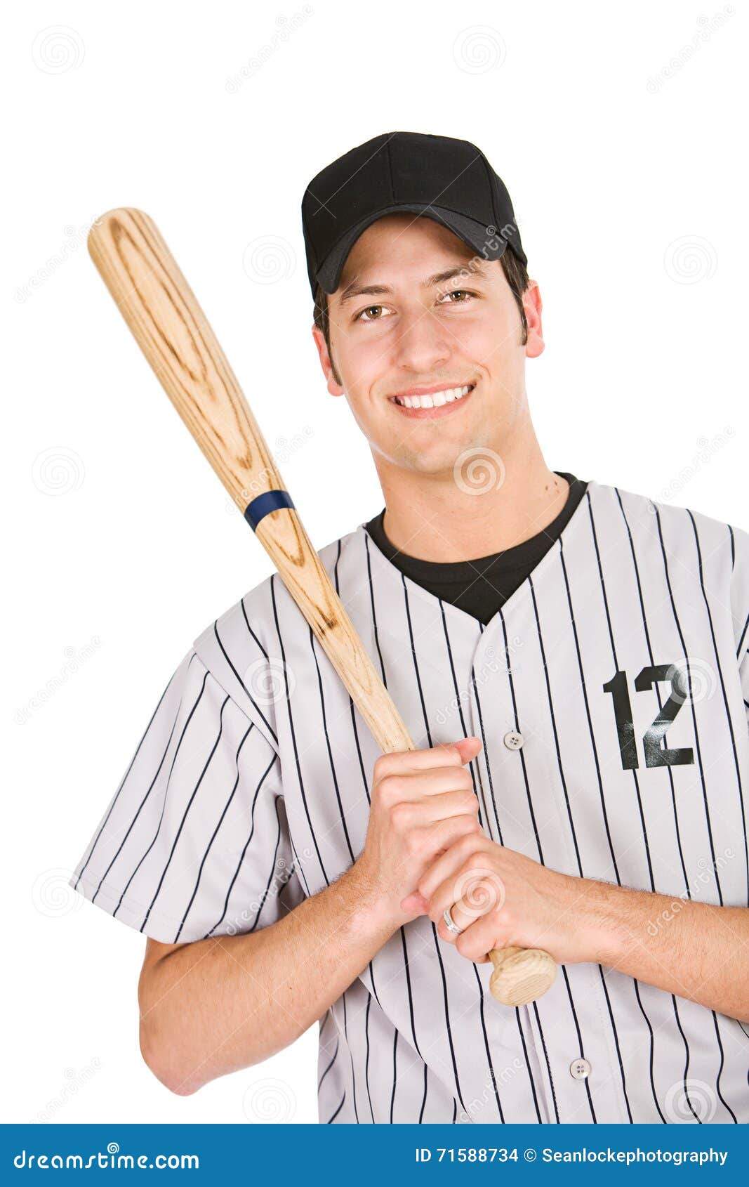 Baseball Smiling Player Holds Baseball Bat Stock Photo Image of