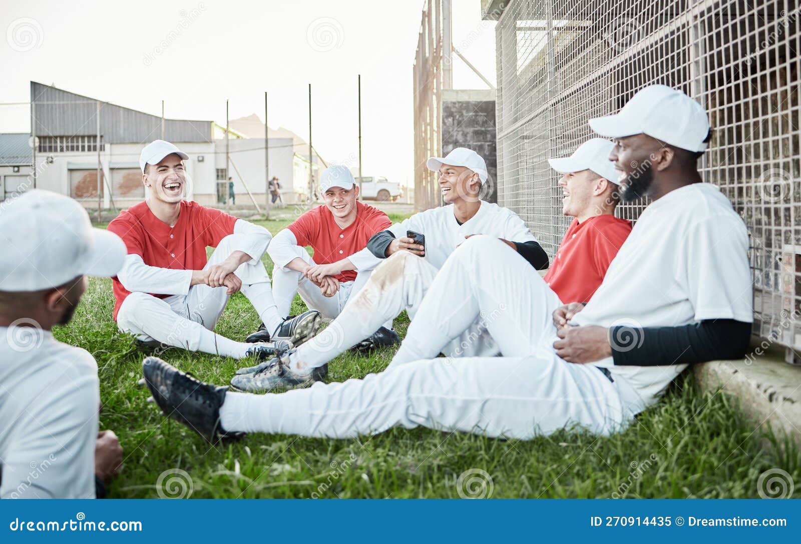 Baseball Team, Sport Conversation and Men Talking on a Stadium Field