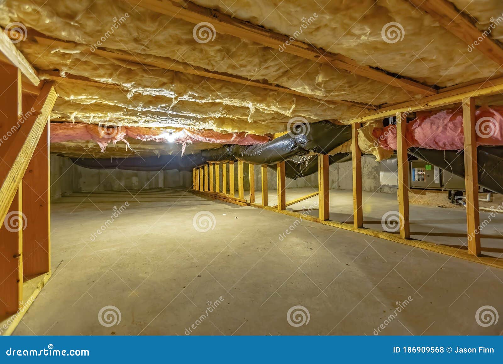 basement or crawl space with upper floor insulation and wooden support beams