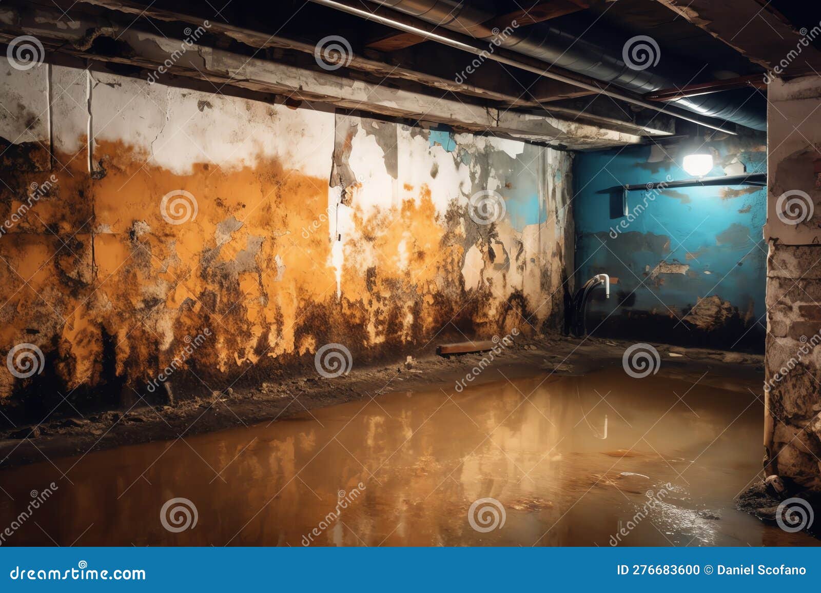 Basement Under Construction Underwater with Mold on Wall. Generative AI