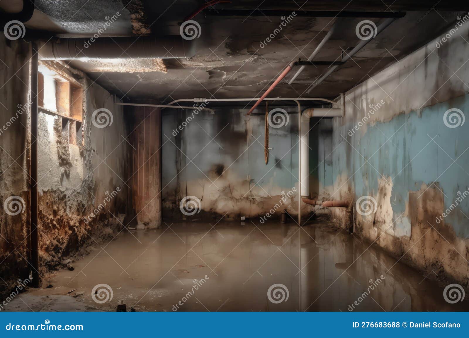 Basement Under Construction Underwater with Mold on Wall. Generative AI