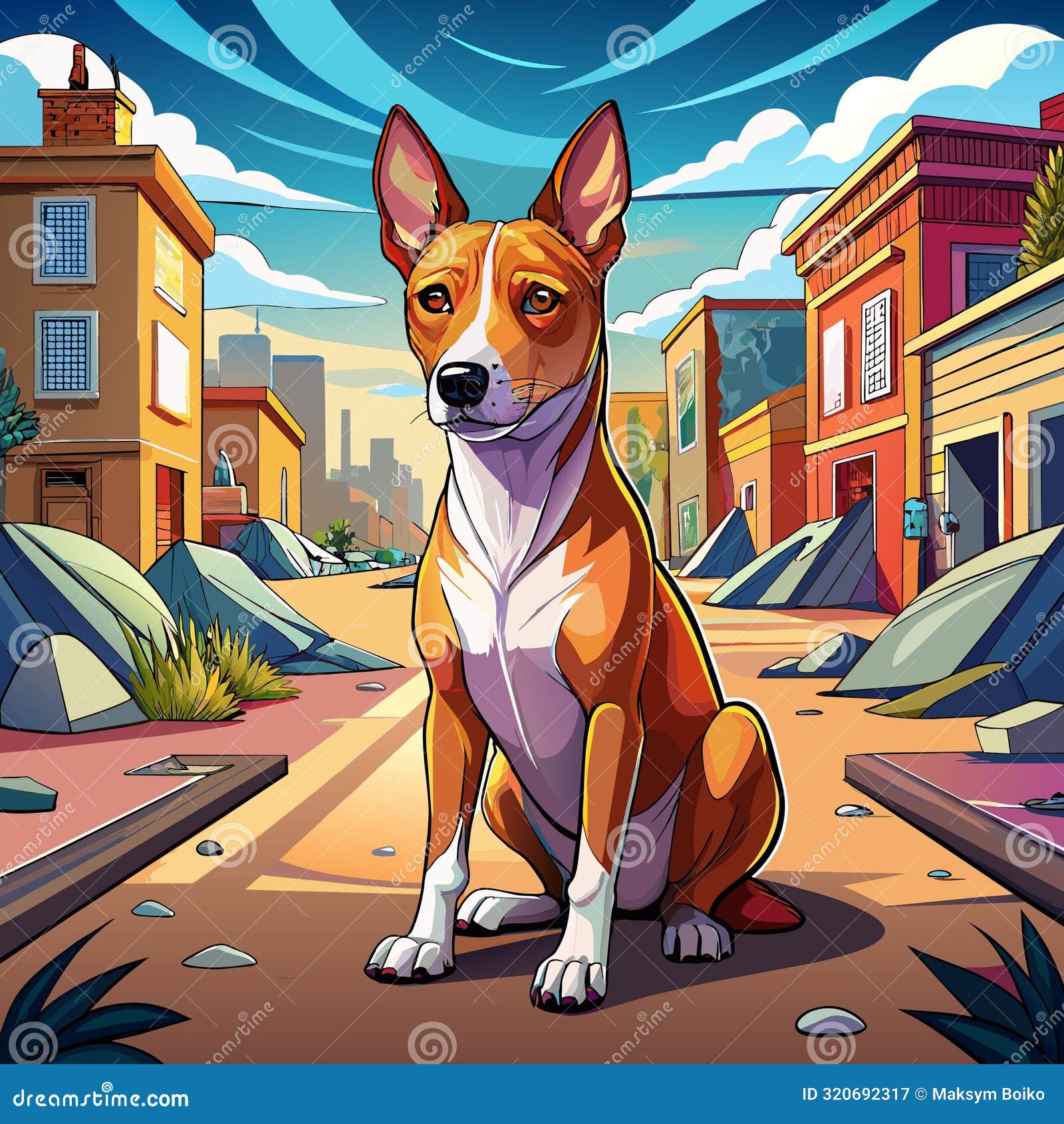 basenji dog annoyed sits street 