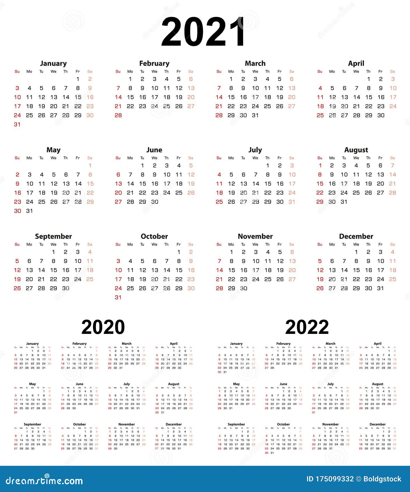 Basic Calendar For Year 2021 And 2020, 2022. Week Starts
