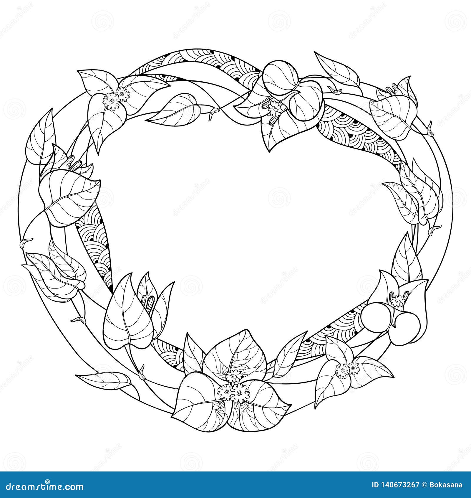  round wreath of outline bougainvillea or buganvilla flower, bud and leaf in black  on white background.