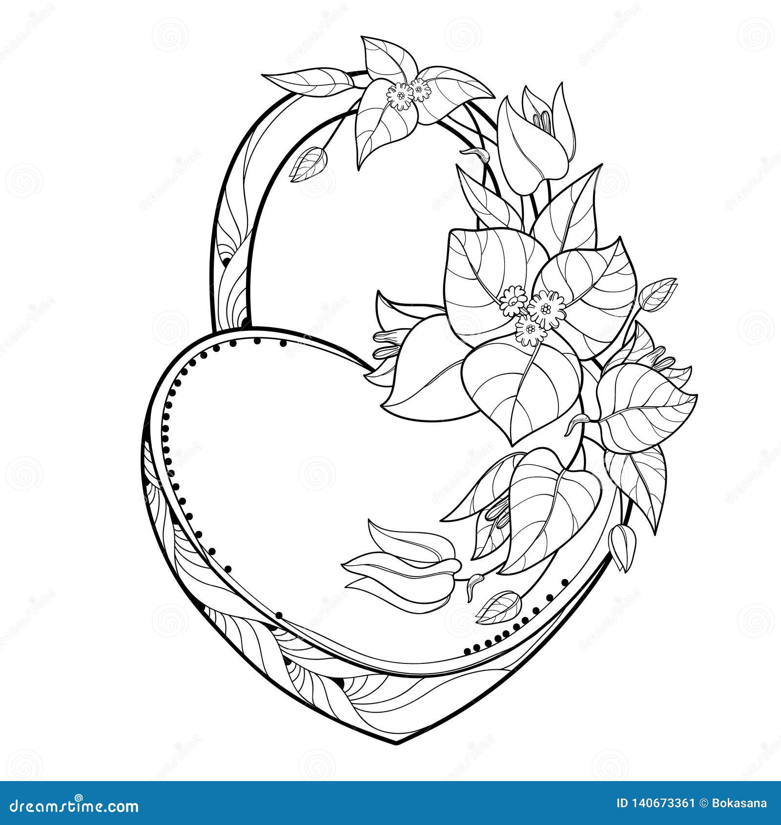  padlock heart with outline bunch bougainvillea or buganvilla flower, leaf and bud in black  on white background.