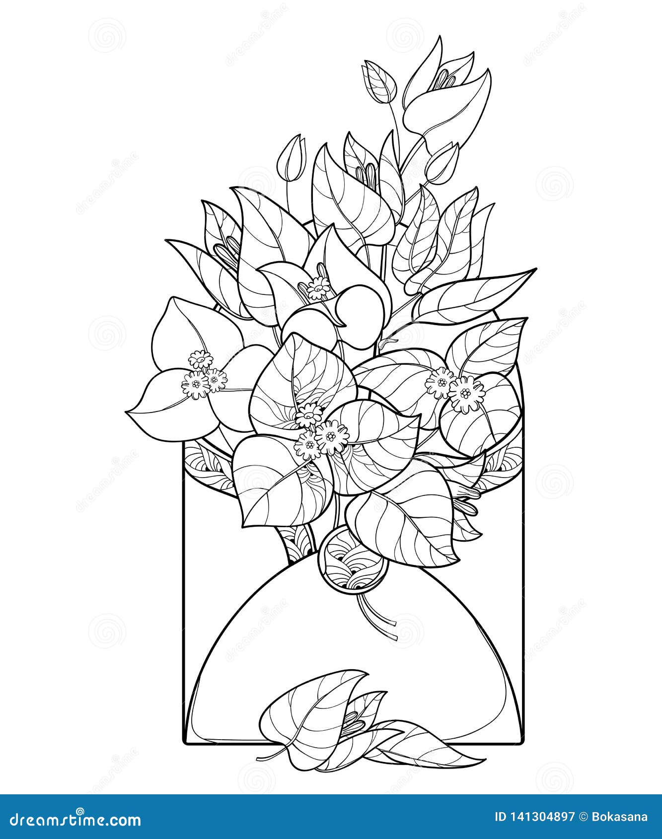  bouquet of outline bougainvillea or buganvilla flower bunch with bud and leaf in open envelope in black  on white.