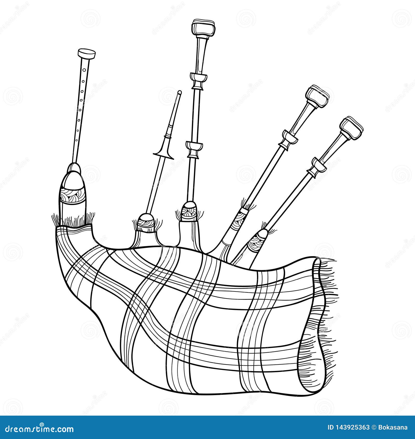 Vector Outline Scottish Folk Musical Instrument Bagpipe or Set of Pipes