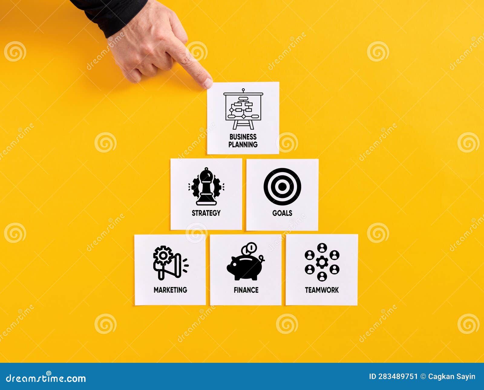 Basic Components of Business Planning. White Note Papers with Symbols