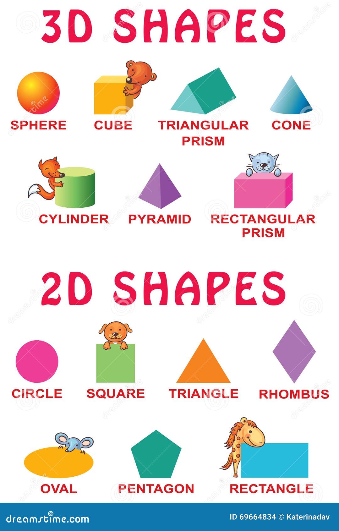 Basic 3d And 2d Shapes With Cartoon Animals For Preschoolers Stock