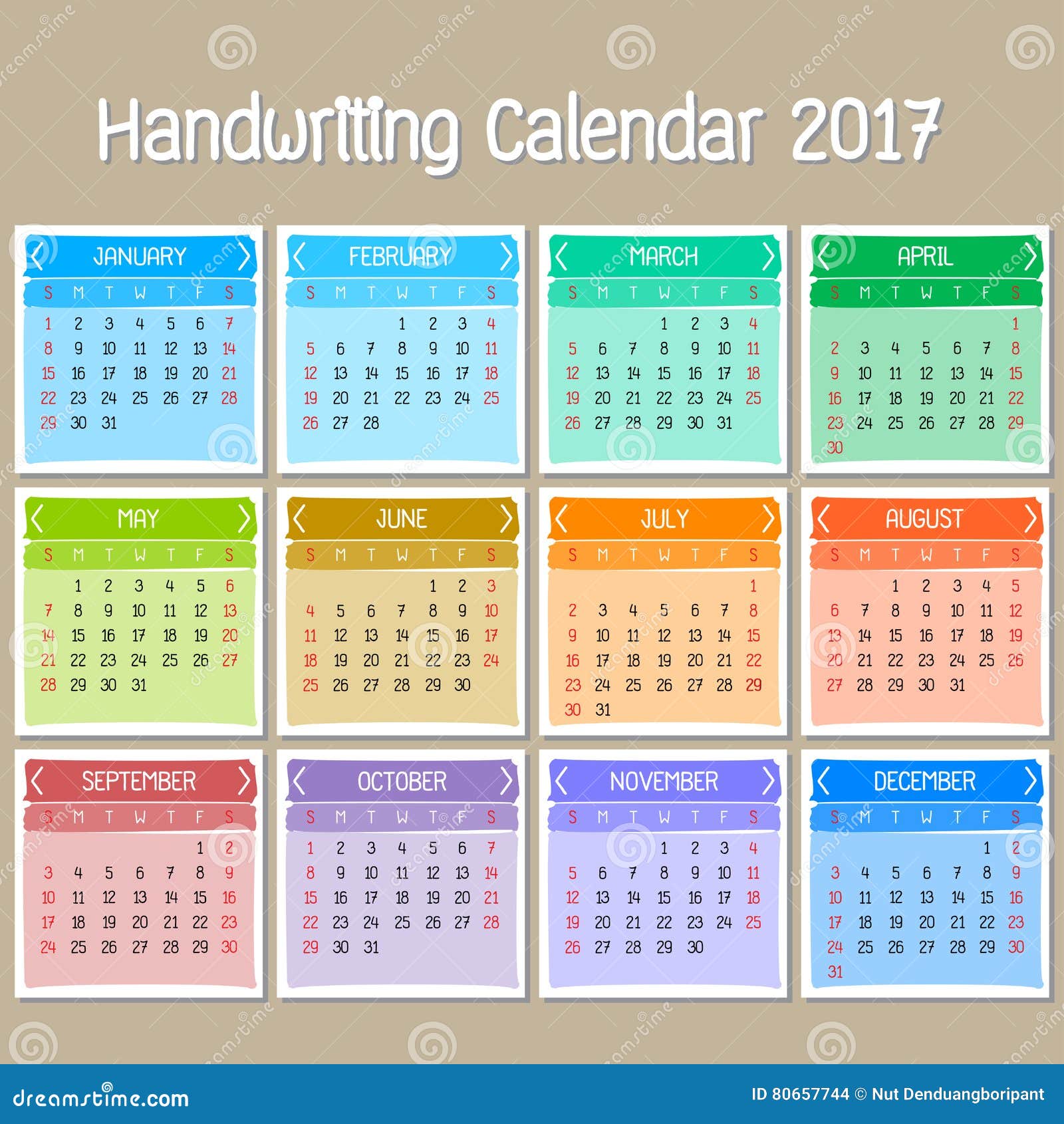 Basic Handwriting Calendar 2017 Stock Vector - Illustration of march