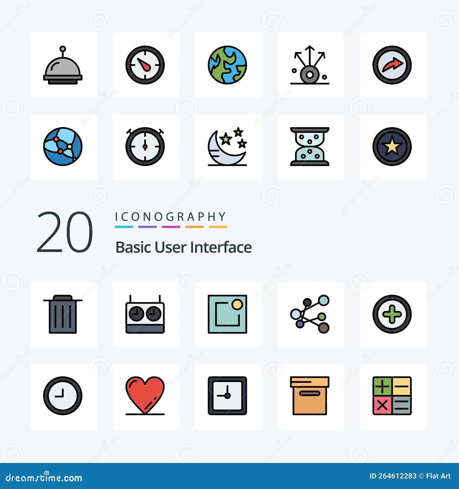 20 Basic Line Filled Color Icon Pack Like World Earth Notification Timer Stopwatch Stock Vector