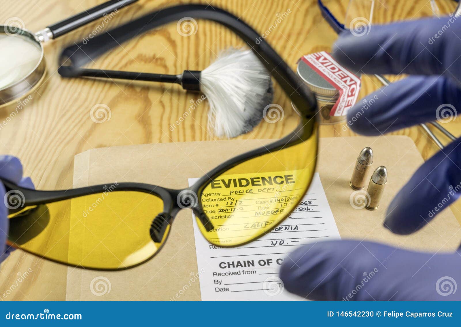 basic research utensils with a evidence bag in laboratorio forensic equipment