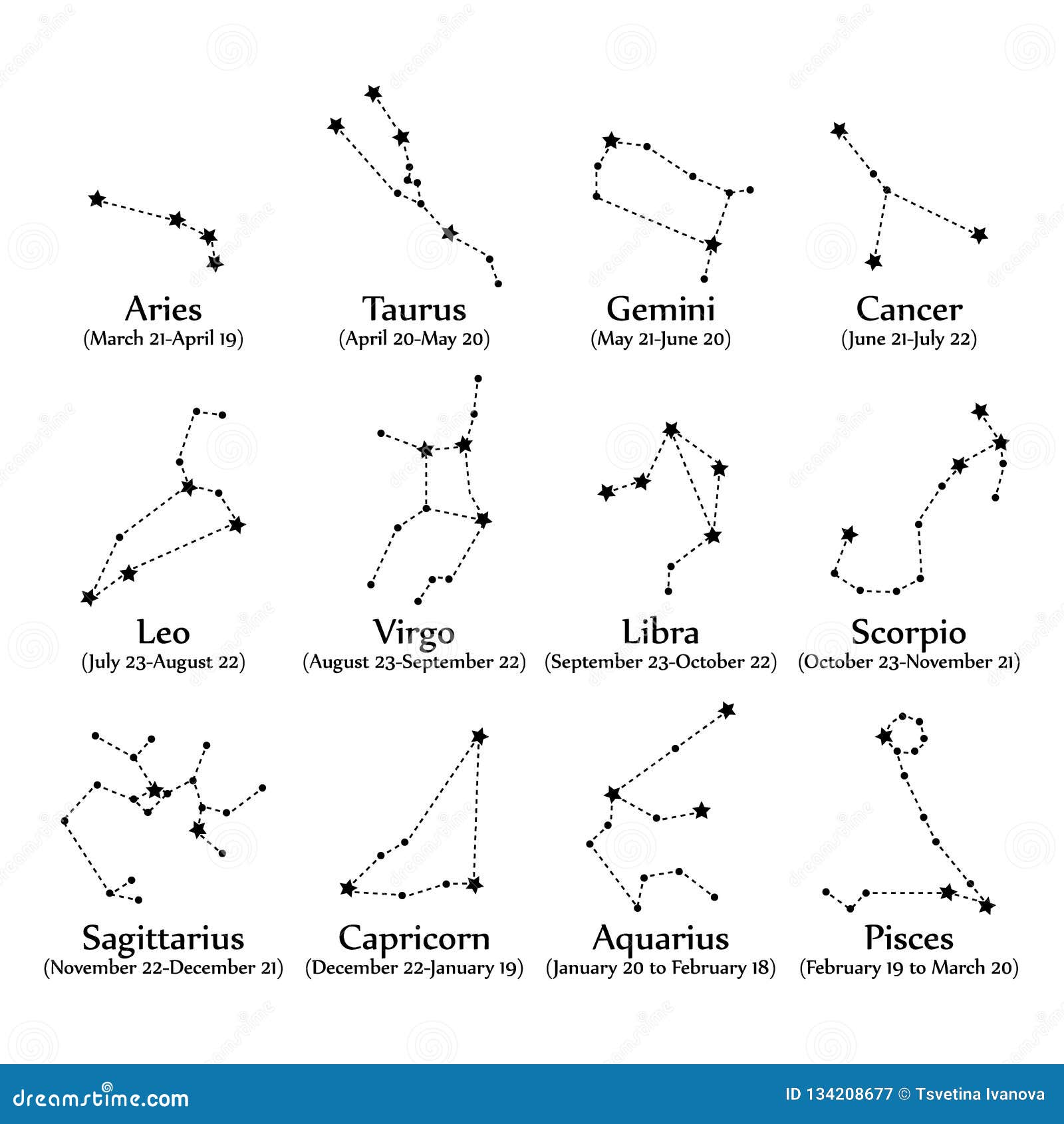 Zodiac Constellations Dashed Line with Stars Astrology Icon Set. Stock ...