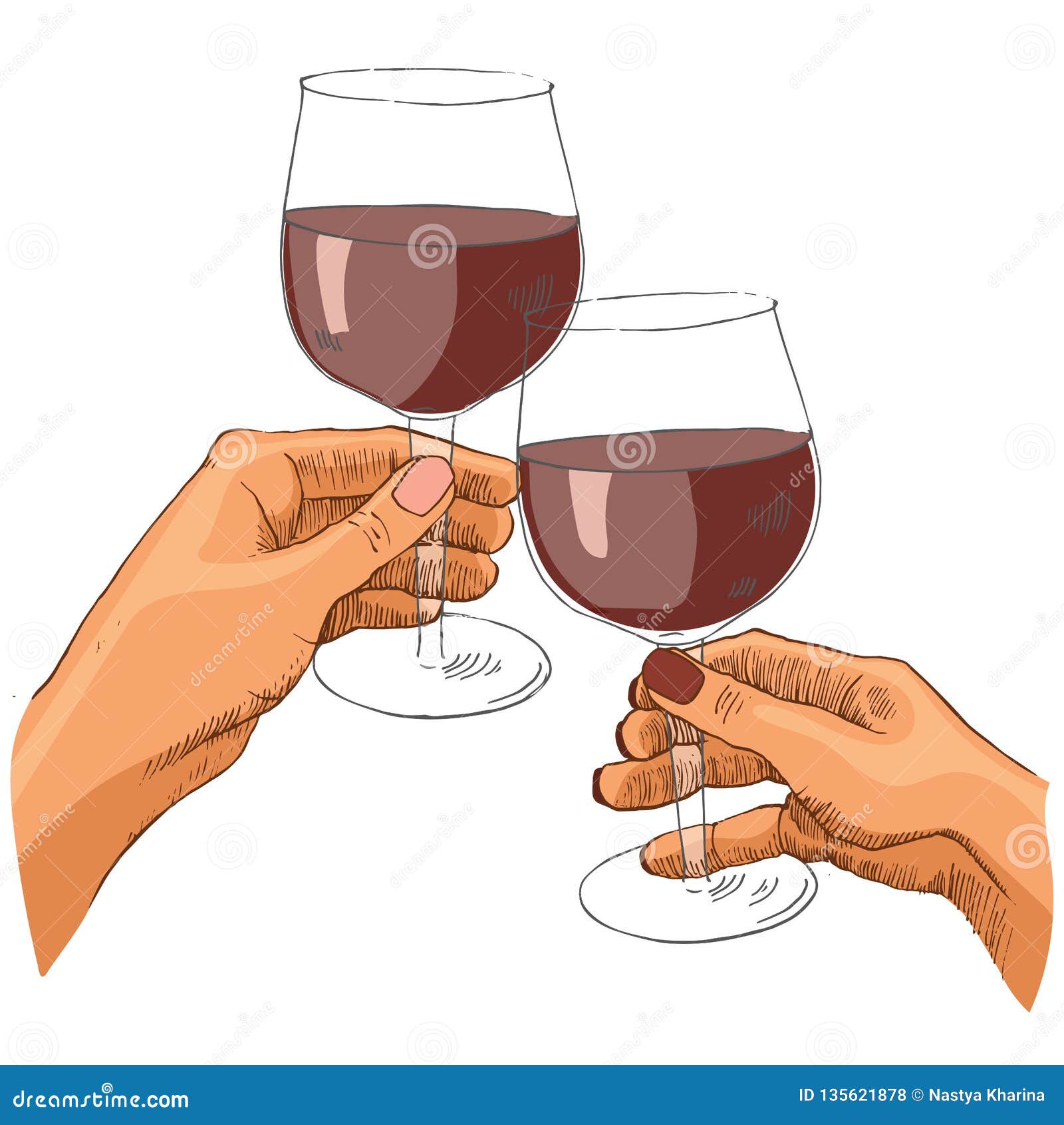 Colored Vector Illustration of Two Women Hands Holding Glasses of Wine