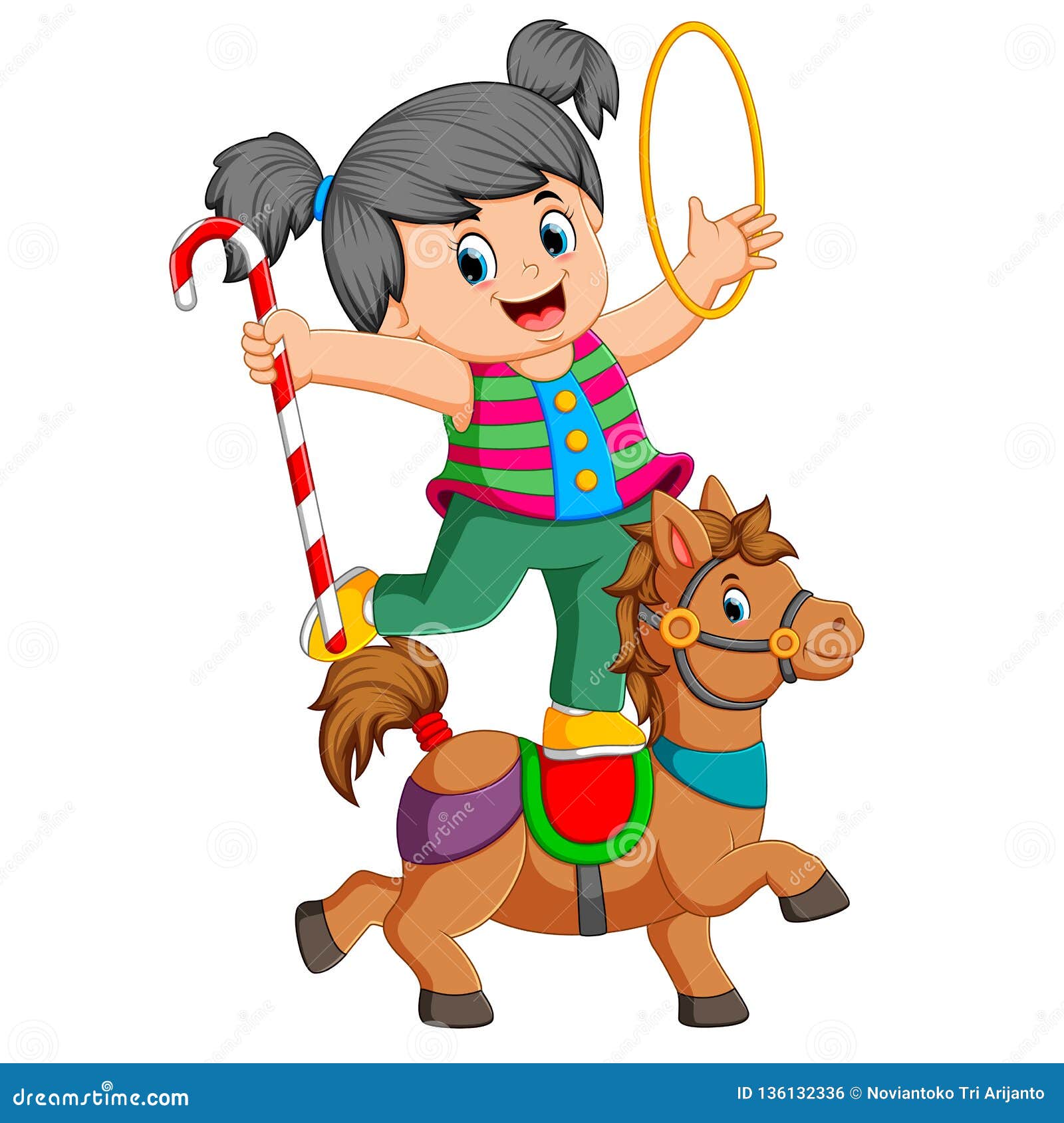 A Girl is Playing with the Ring and Candy Stick on the Circus Horse