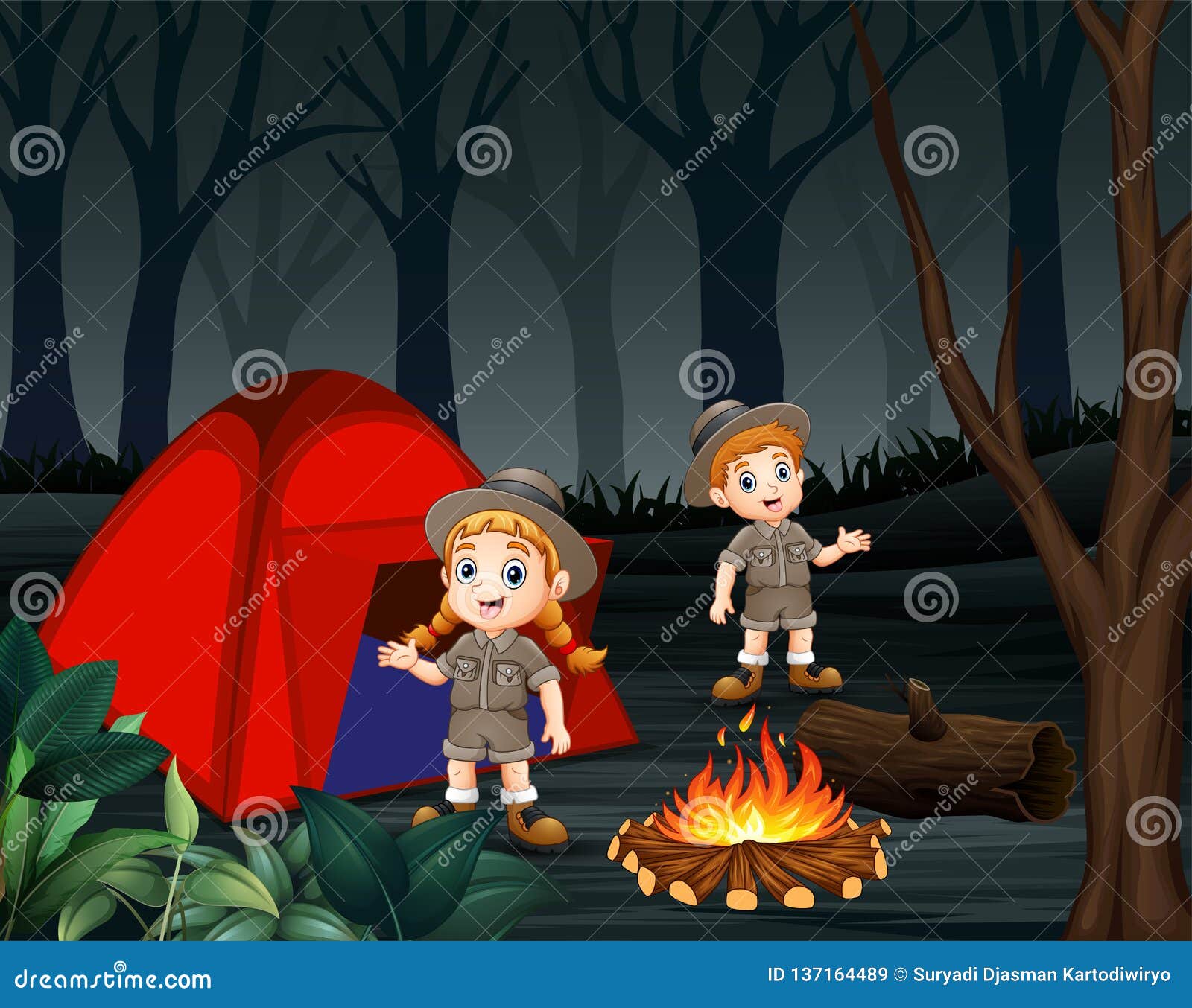 Cartoon Of Two Zookeepers Are Camping In A Dark Forest Stock Vector ... Girl Cartoon Zoo Keeper