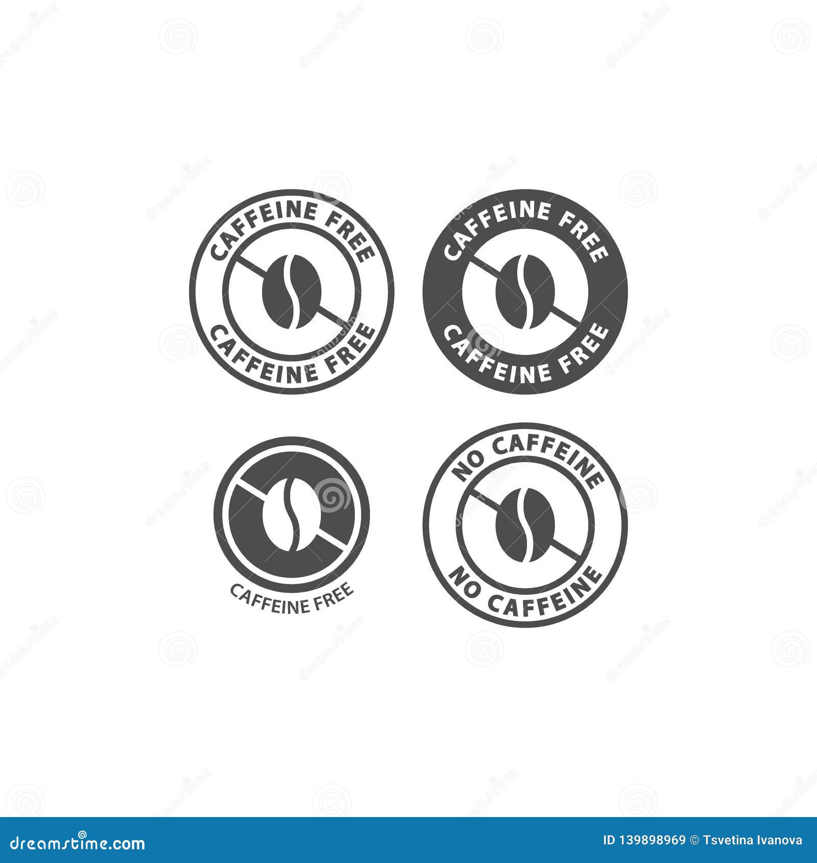 Caffeine Free Black Vector Circle Label Set. No Caffeine Ingredient