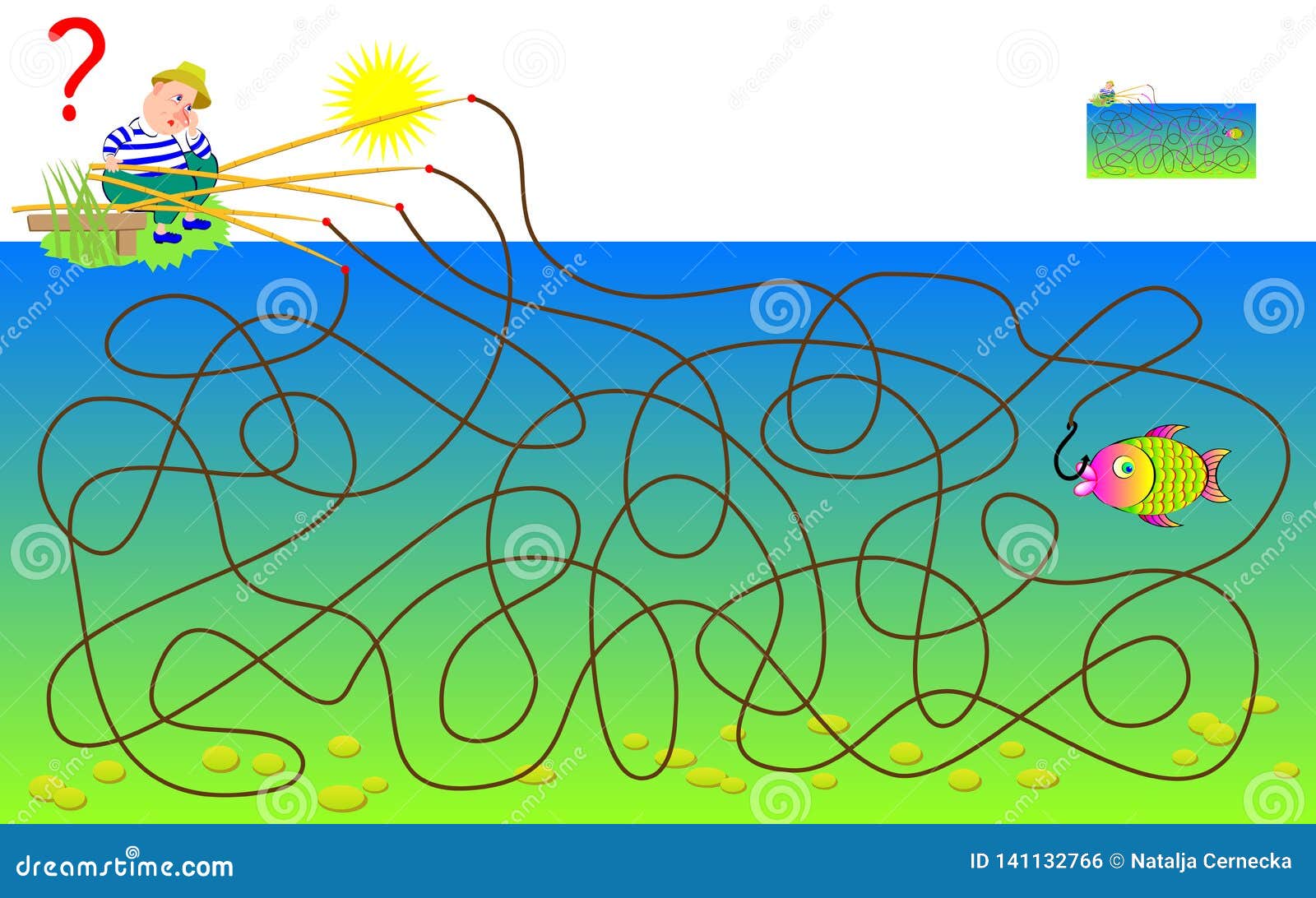 Logic Puzzle Game with Labyrinth for Children and Adults. Find by Which  Fishing Rod Fisherman Has Caught the Fish. Stock Vector - Illustration of  direction, fish: 141132766