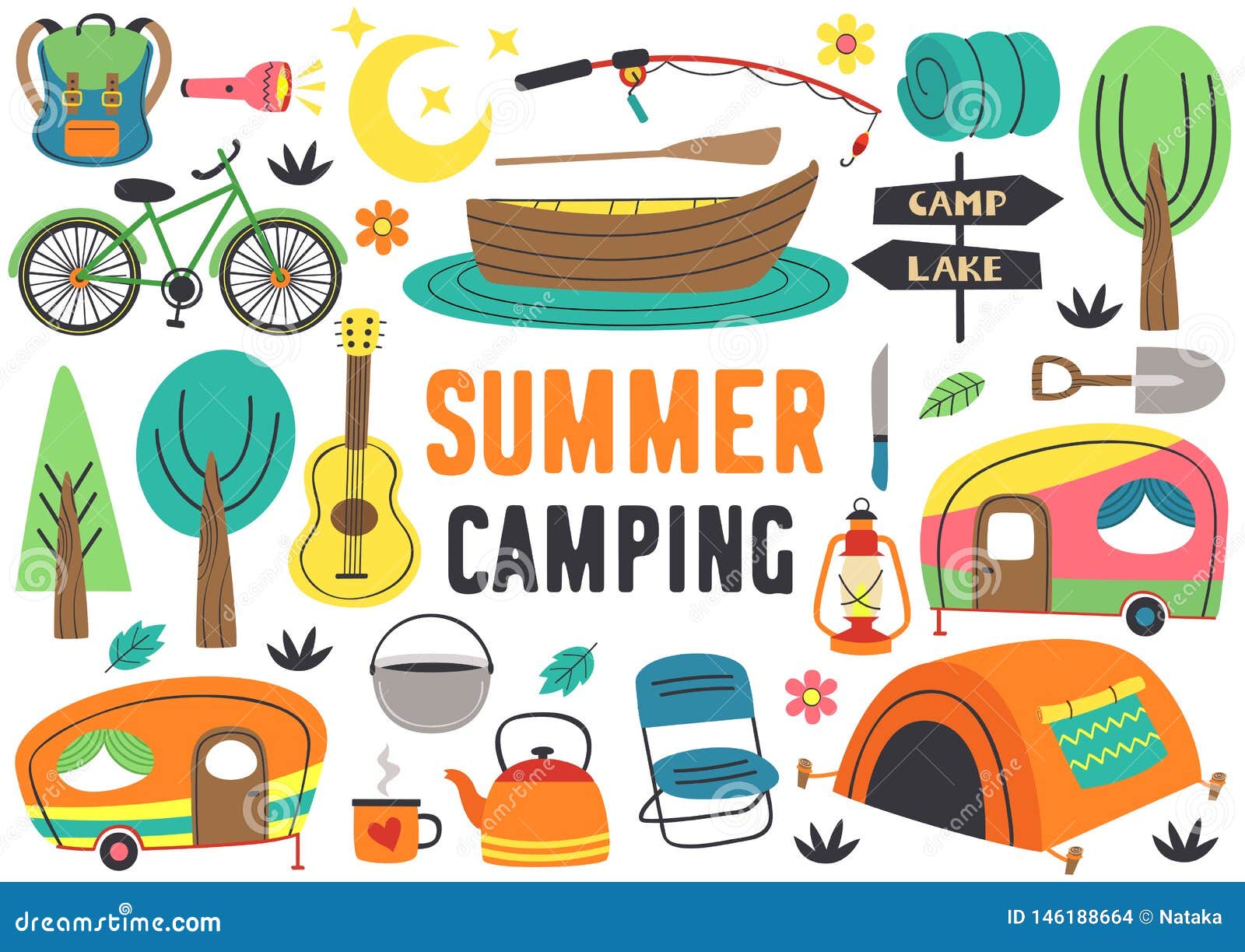Set of Isolated Summer Camping Elements Part 2 Stock Vector Illustration of backpack, flower