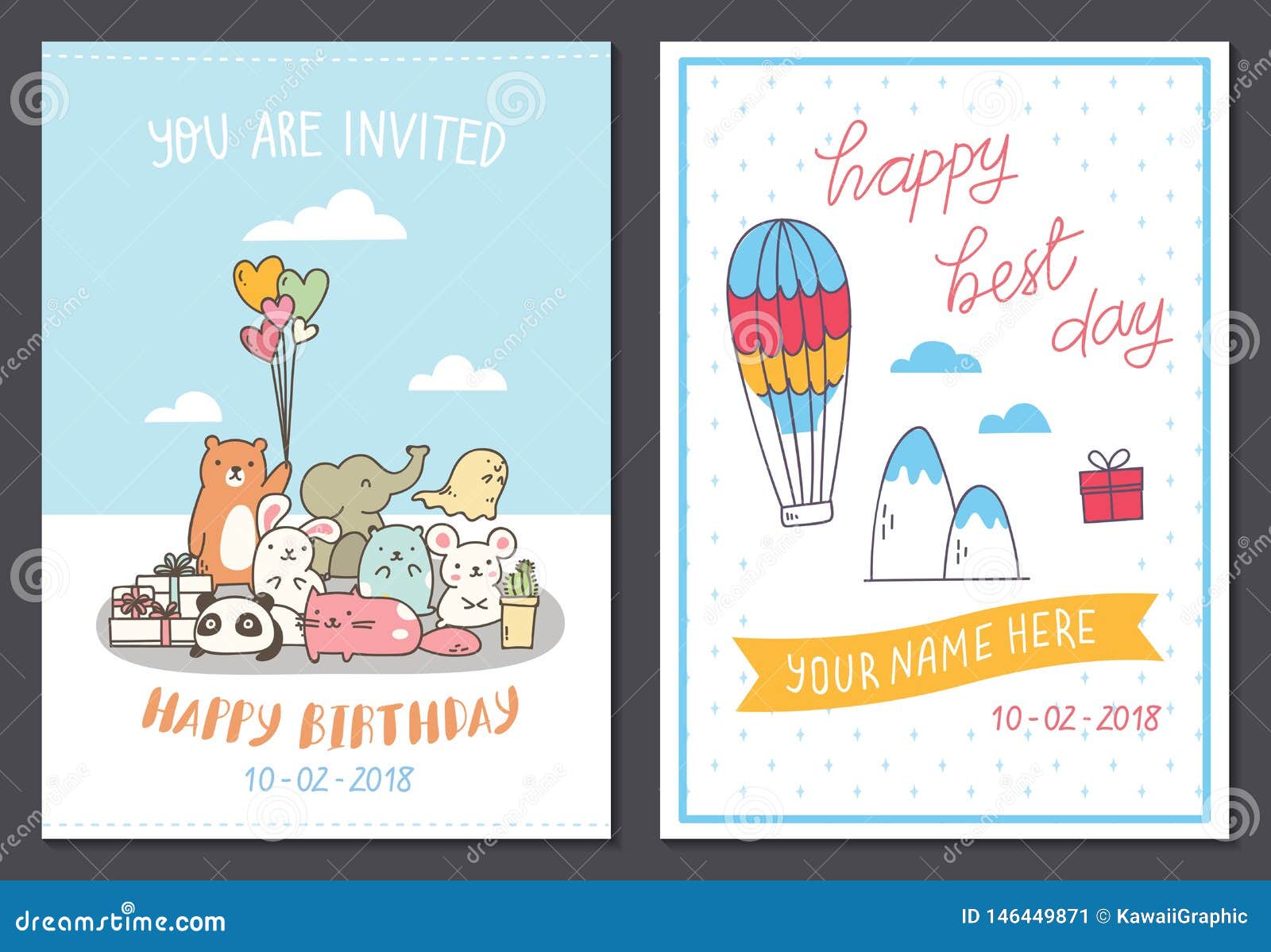 Set of Cute Birthday Card Design Template Stock Illustration