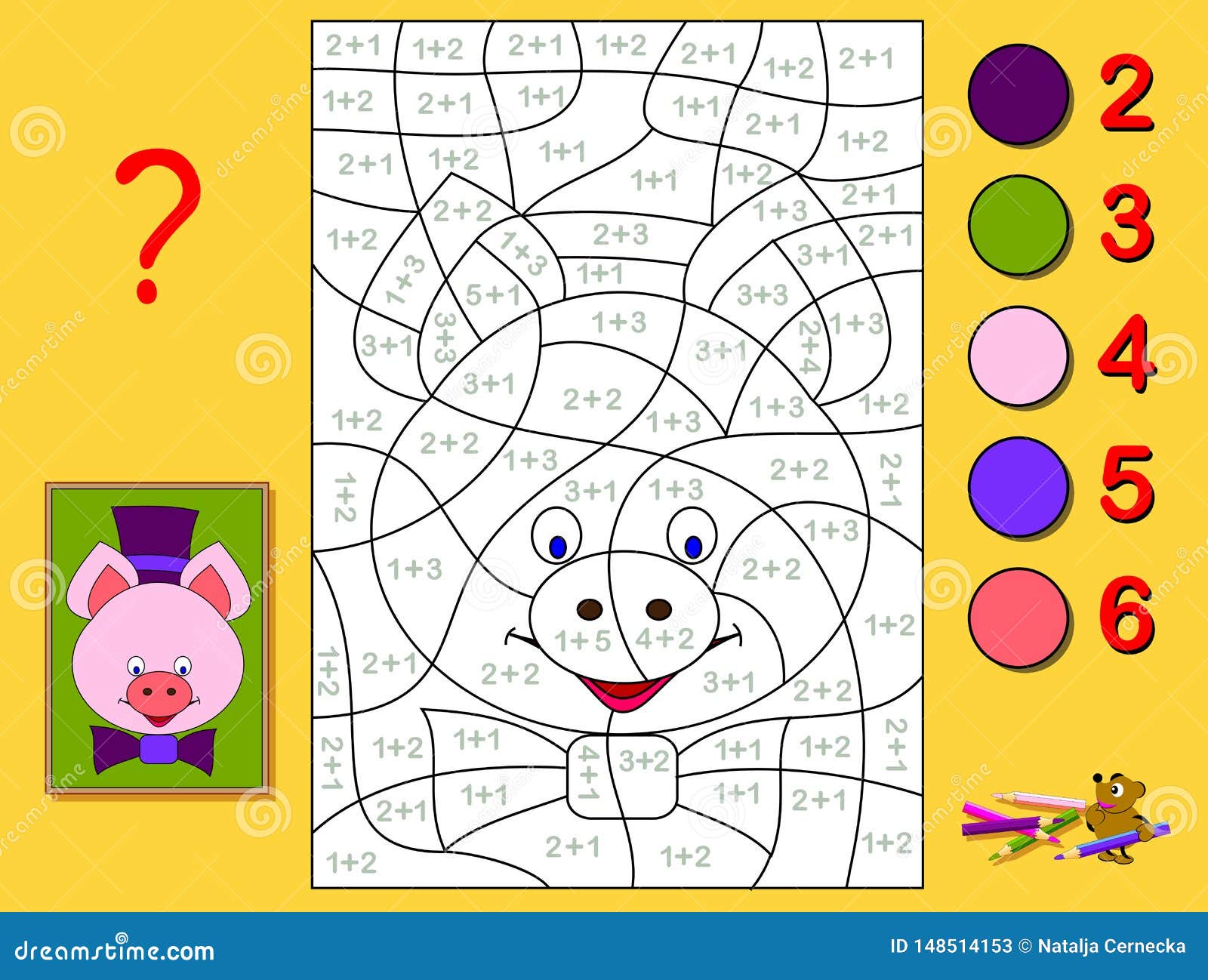 educational page with exercises for children on addition. need to solve examples and paint the portrait of a piglet.
