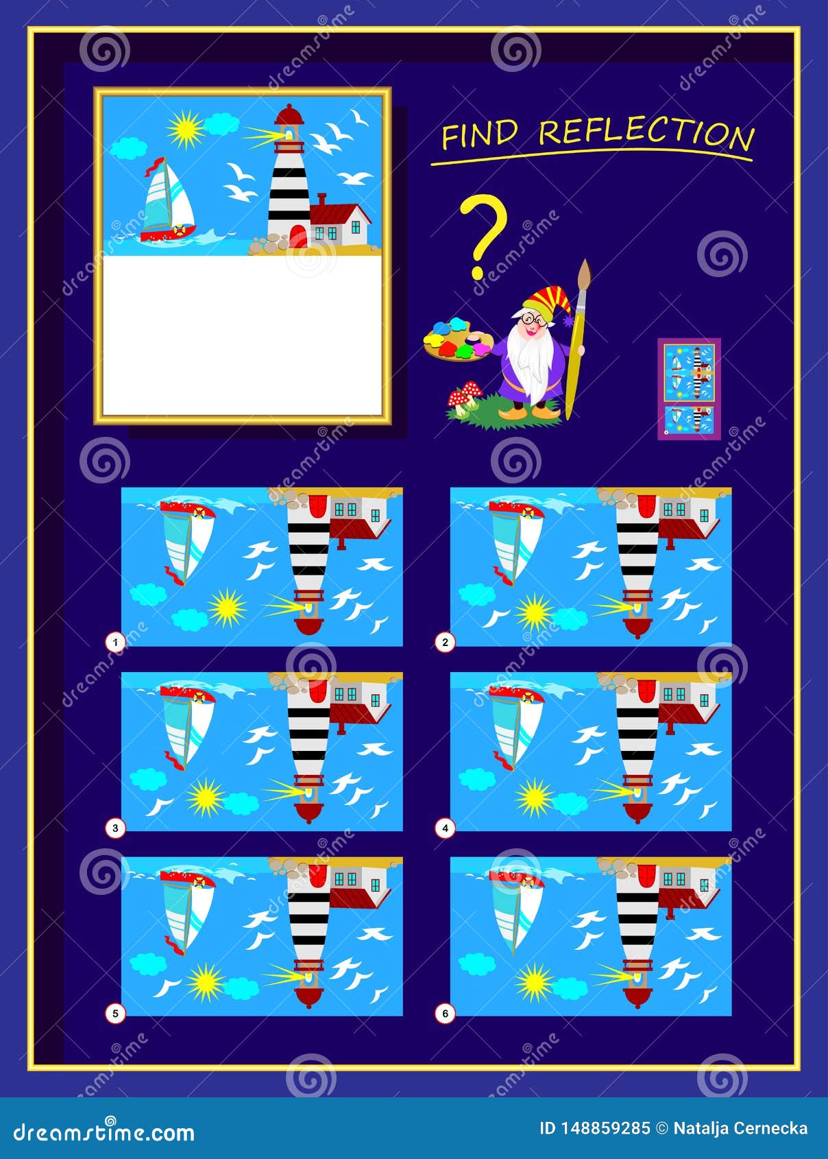 logic puzzle game for smartest. help the artist finish the picture, find correct reflection and draw it.