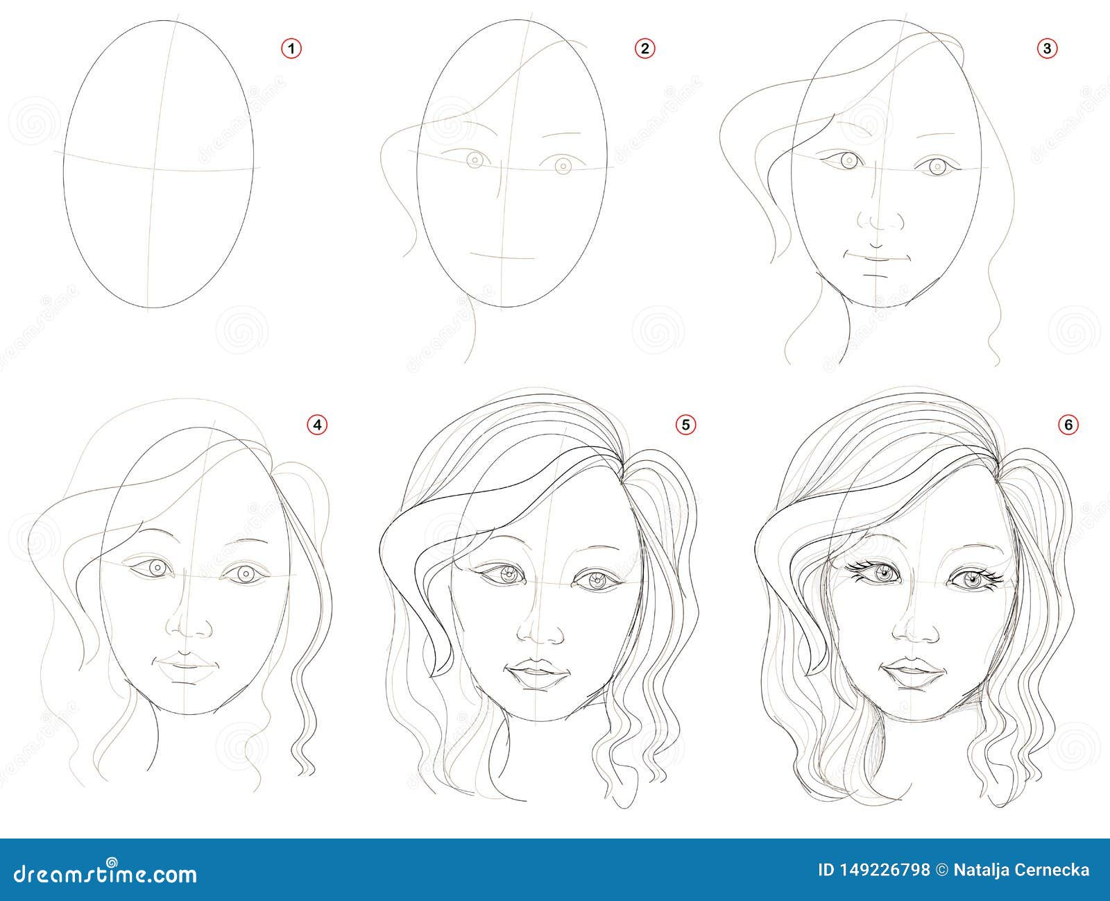 how to create step by step pencil drawing. page shows how to learn step by step draw fantasy girls portrait.