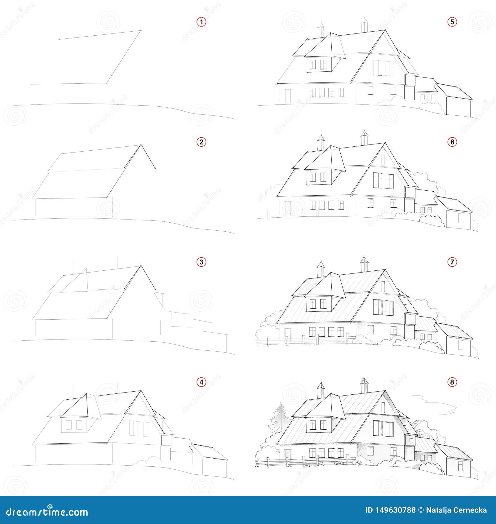 how create step by step pencil drawing. page shows how to learn successively draw cute country house.