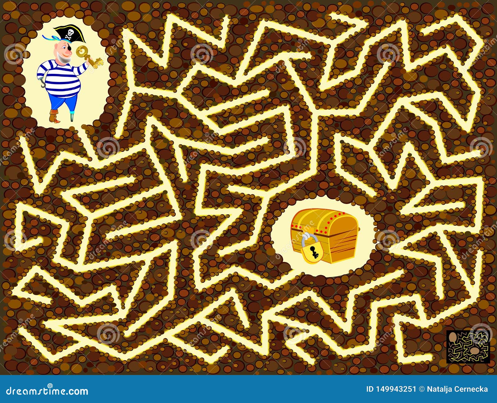 logical puzzle game with labyrinth for children and adults. help the pirate find the way till treasure chest.