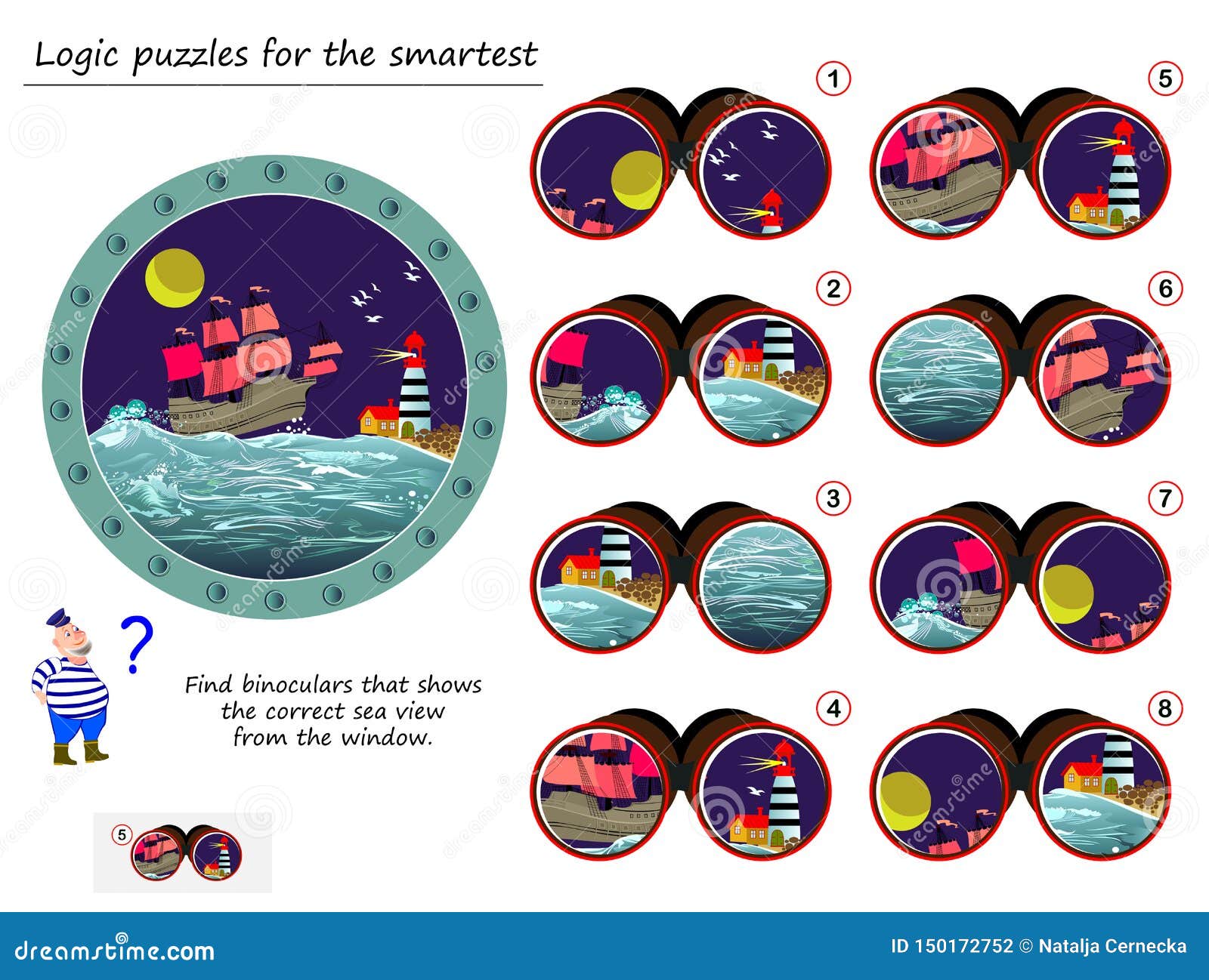 logic puzzle game for smartest. help the sailor. find binoculars that shows the correct sea view from the window.