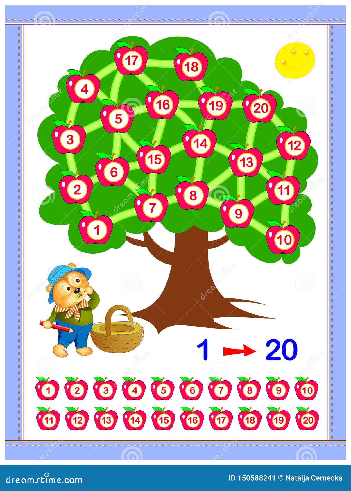 educational page for baby book. help the bear collect apples. draw the line between numbers 1 till 20 consistently.